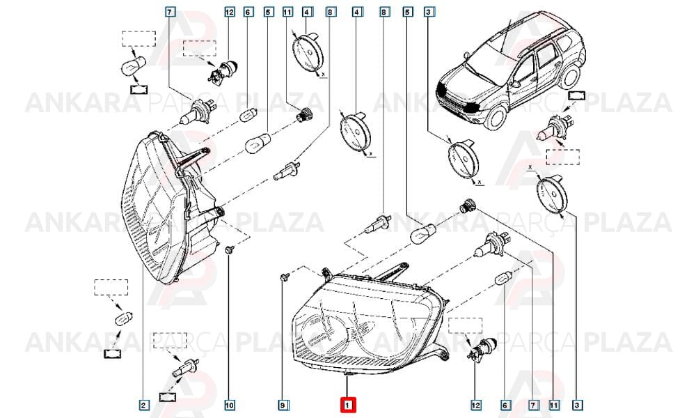 Far + Sinyal Sağ Dacia Duster 2010=> Siyah Manuel H1+ H7