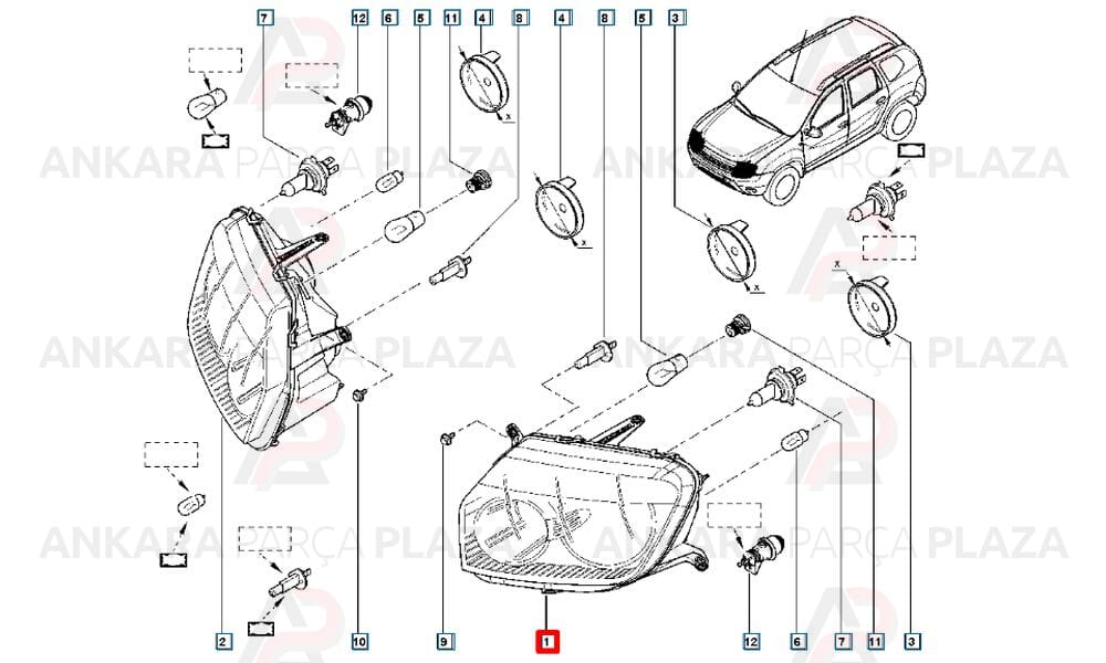 Duster 14 - 17 Far Lambası Sol Manuel H1 - H7 6 Fişli 260606709R