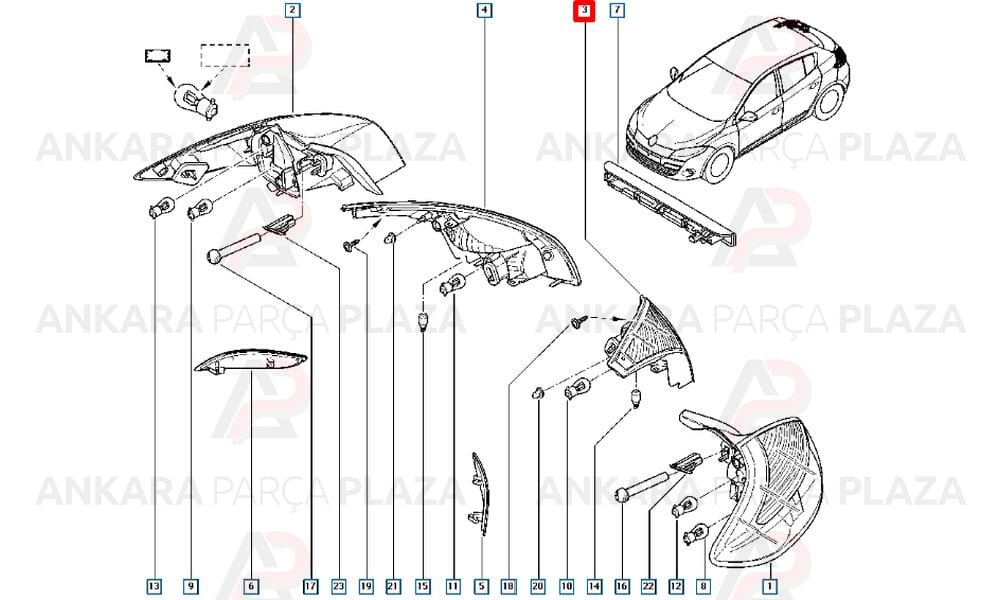 Megane 3 Hb Stop Lambası İç Sol Kırmızı Beyaz 2014 - 2015 Meydan