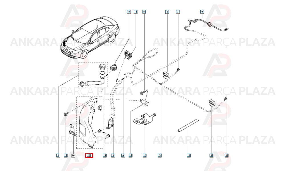 Fluence 09 16 Ön Cam Su Bidonu Deposu Borusu Birlikte 289104884R