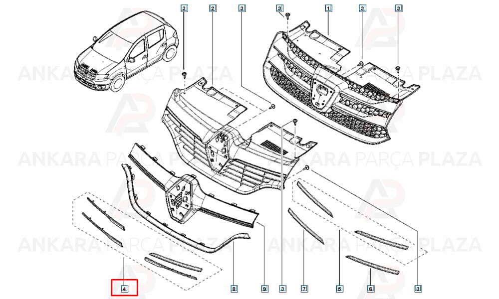 Sandero 13 - 16 Ön Panjur Nikelaj Çıtası 4 Parça Set 620724784R