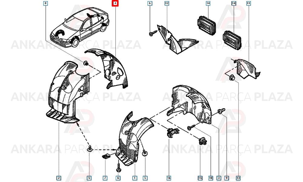 Megane 1 Ön Çamurluk Davlumbazı Sağ Önün Arkası 1995 - 2003 Arası Meydan