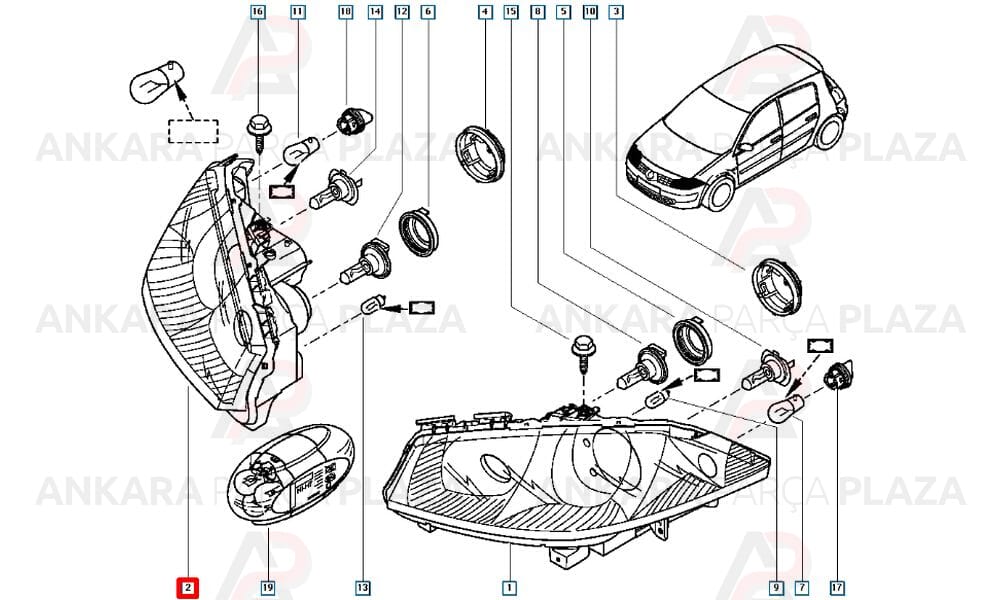 Megane 2 03 - 06 Far Lambası Sağ Elektrikli - Motorsuz 7701064017
