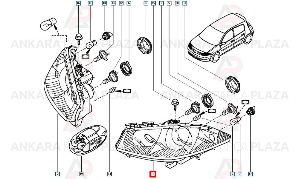 Megane 2 03 - 06 Far Lambası Sol Elektrikli - Motorsuz 7701064018