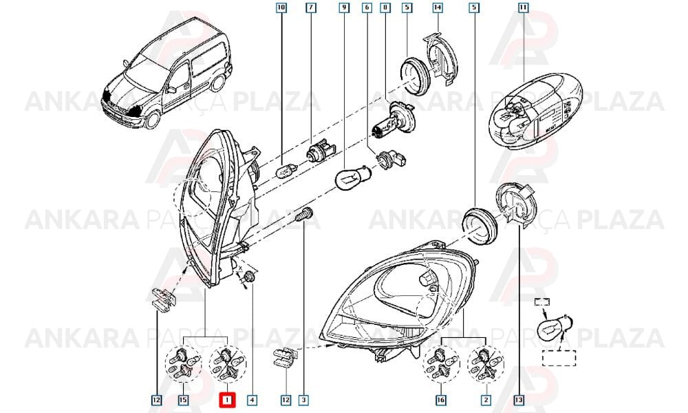 Kangoo 03 - 12 Far Lambası Sağ Elektrikli - Motorsuz 7701069079