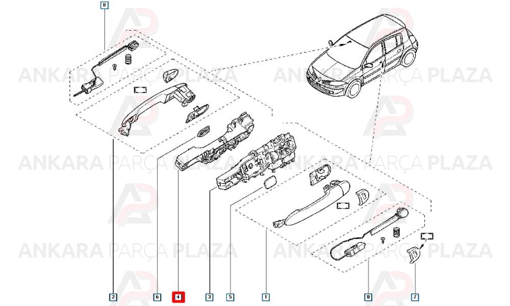 Kapı Açma Mekanizması Ön Sol/Arka Sağ Megane 2 8200028464