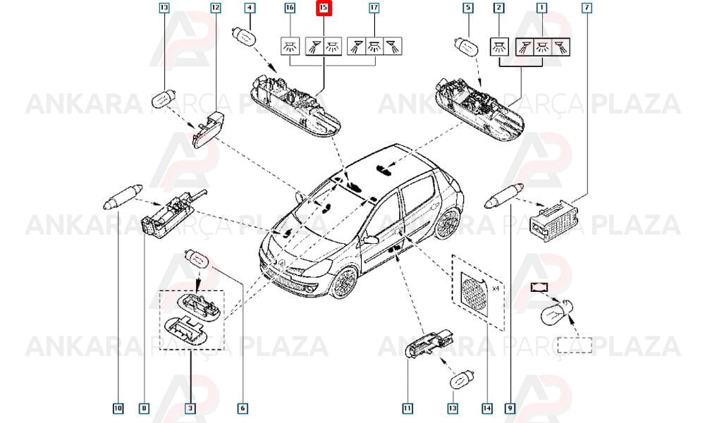 Megane 2 Sandero Logan Tavan Aydınlatma Lambası Ön Orijinal 8200073231