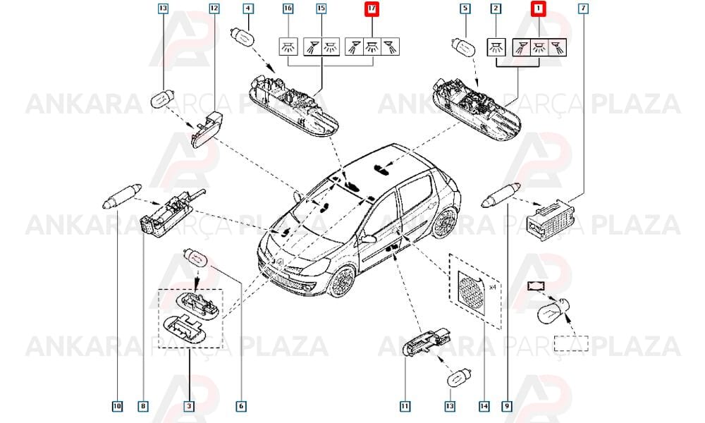 Duster Megane 2 Clio 3 Tavan Aydınlatma Lambası Orta Orijinal 8200073234