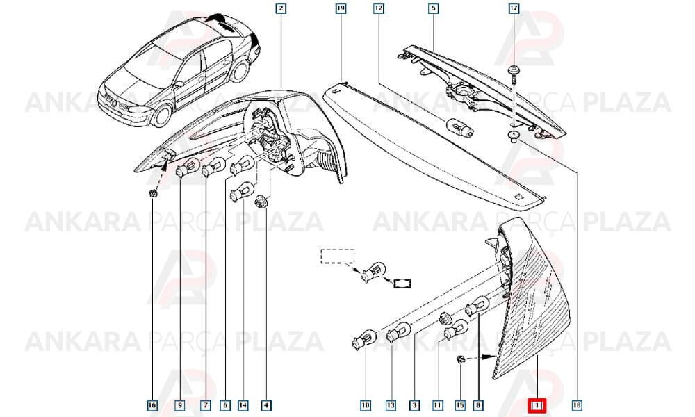 Megane 2 Sedan Stop Lambası Sol Kırmızı Beyaz 2007 - 2009 Meydan