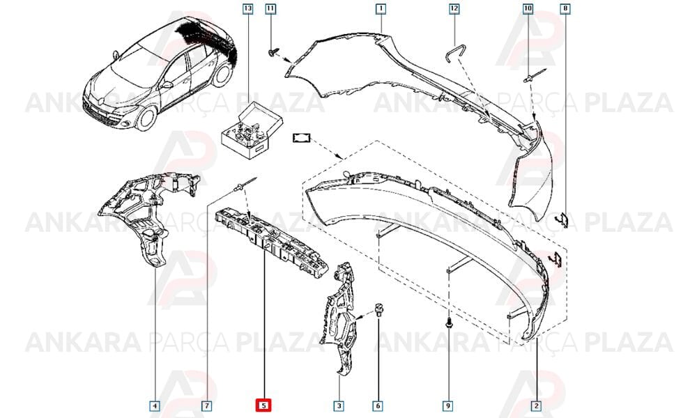 Megane 3 Hatchback Tampon İç Destek Plastiği Arka Orta 2010 - 2013 Meydan