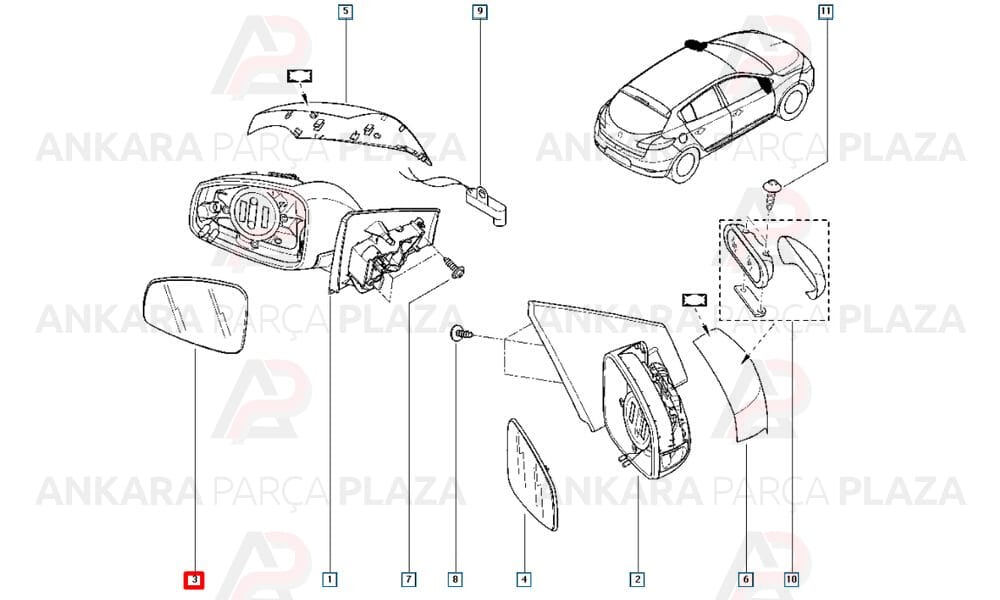 Megane 3, Hatchback Yan Ayna Camı Sol 2010 - 2013 Meydan