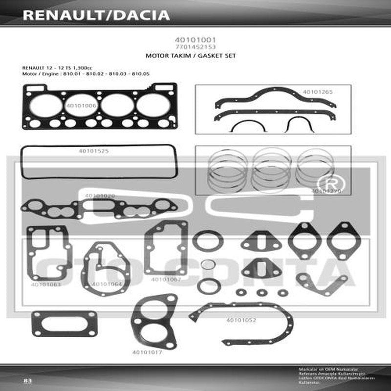 Renault 12 Toros 1.3 Motor Contası Takım Alt + Üst Oto Conta