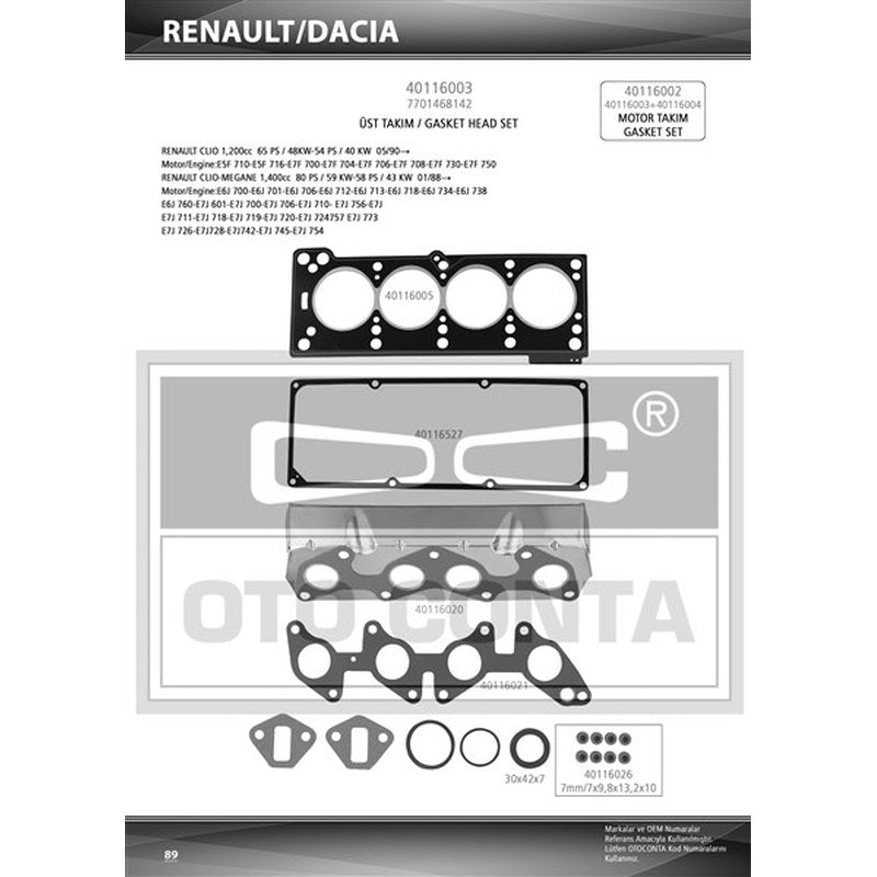 Motor Üst Takım Contası Renault Clio 1 Express R19 R9 1.4 8V E7J E6J Skt Keçeli Skc Standart