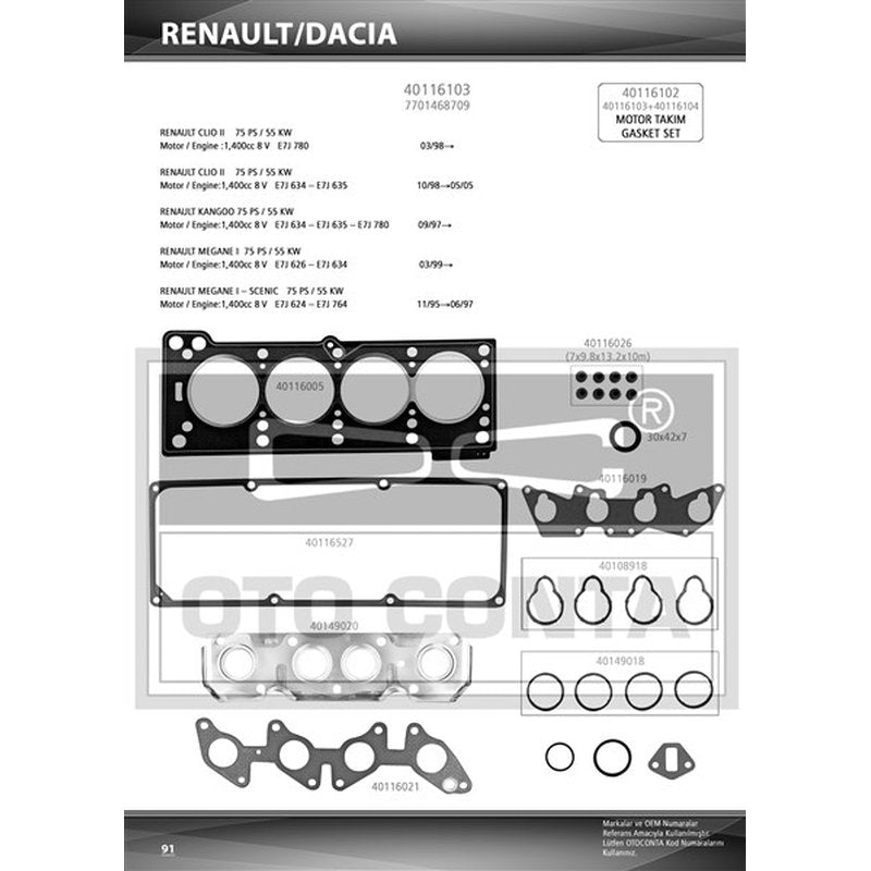 Renault 9 11 19 Clio Kangoo 1.4 Motor Contası Takım Alt + Üst Keçeli Subap Lastikli Oto Conta