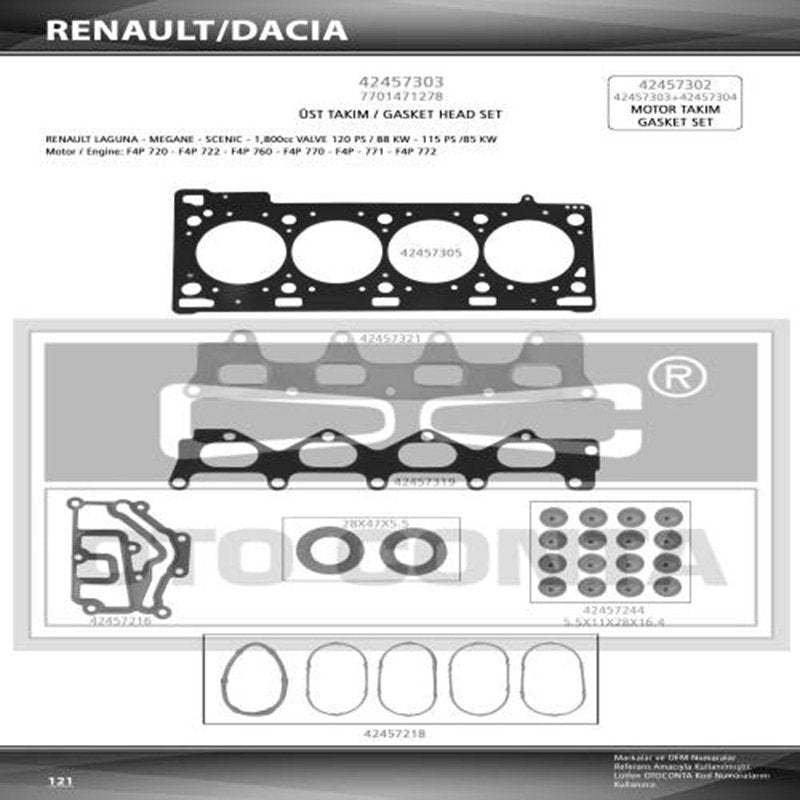 Motor Üst Takım Contası Megane Laguna 1.8 2.0 16V F4R Keçeli Skclı